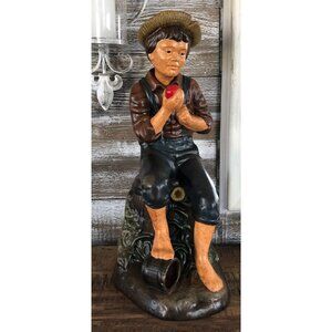 Holland Mold Ceramic Hand Painted Country Boy Sitting Stump Garden Decor Vintage